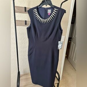 Vince Camuto Navy Sleeveless Jewel-Neck Sheath Dress